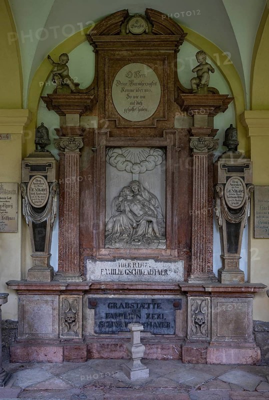 Crypt arcades, grave counters in the arcade of St. Sebastian's Cemetery, Church of St. Peter, Salzburg, Austria, Europe