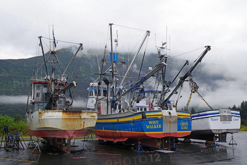 Commercial fishing boats lying on dry land, Autumn, Valdez, Richardson Highway, Alaska, USA, North America