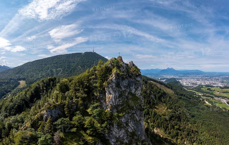 Drone shot, Nockstein with view to Gaisberg, Osterhorngruppe, Flachgau, Land Salzburg, Austria, Europe