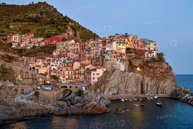 Fishing village of Manarola, blue hour, district of Riomaggiore, Cinque Terre, province of La Spezia, Liguria, Italy, Europe