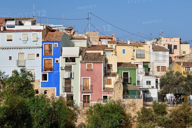 Colourful house facades, La Vila Joiosa, Villajoiosa, Costa Blanca, Valencian Country, Spain, Europe