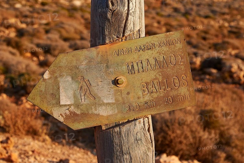 Morning Light, Wall Sign BALLOS Wooden Post, Gramvoussa Peninsula, Pirate Bay, Balos, Tigani, West Crete, Island of Crete, Greece, Europe