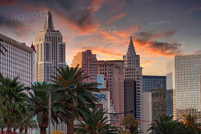 Skyscrapers and palm trees on the Las Vegas Strip, skyline at dusk, Hotel New York New York, Las Vegas, Nevada, USA, North America