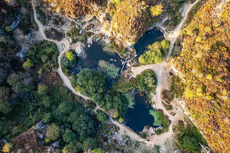 Top Down over Haytor Quarry from a drone, Haytor Rocks, Dartmoor Park, Devon, England, United Kingdom, Europe