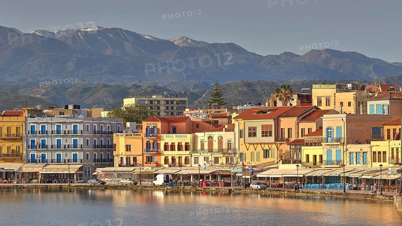 Lefka Ori, White Mountains, Snowy Mountains, Venetian Old Town, Venetian Port, Row of Houses, Colourful Houses, Calm Sea, Blue Sea, Grey Blue Sea, Blue Cloudless Sky, Chania, West Crete, Island of Crete, Greece, Europe