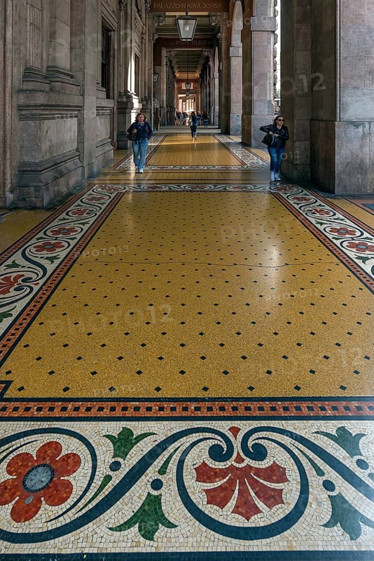 Floor mosaic in the arcade of the Palazzo della Borsa, built between 1907 and 1912, in Piazza de Ferrari, Genoa, Italy, Europe
