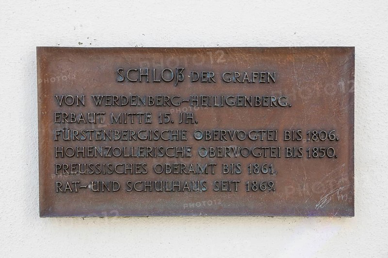 Sign at Werdenberg Castle, plaque, writing, letters, text, Werdenberg Castle, Renaissance castle of the Counts of Werdenberg, today Werdenberg School, historical building, architecture, Trochtelfingen, Baden-Württemberg, Germany, Europe