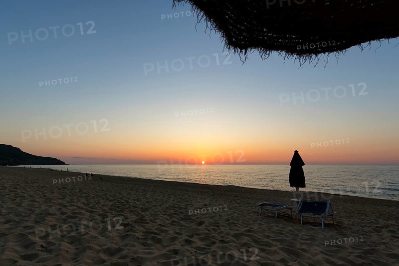 Sunset at the sea, sandy beach, backlight, Spiaggia di Scivu, Arbus, Costa Verde, Sud Sardegna, Sardinia, Italy, Europe