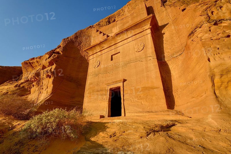 Nabataean tomb at Djabal Al-Ahmar in first daylight, Hegra or Mada'in Salih, AlUla region, Medina province, Saudi Arabia, Arabian Peninsula, Asia