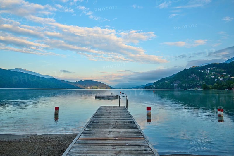 Lake, wooden jetty, bathing raft, sky, clouds, twilight, sunrise, summer, Lake Millstatt, Döbriach, Carinthia, Austria, Europe