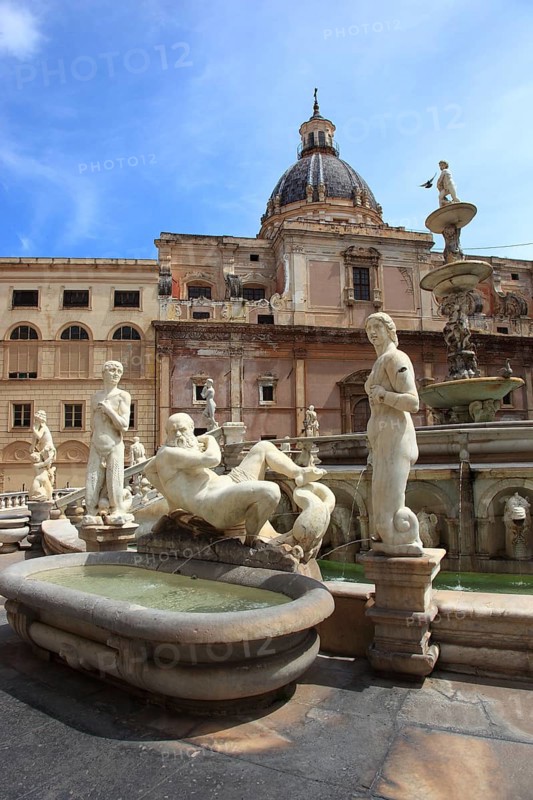 Old town of Palermo, Piazza Pretoria, part of the Mannerist fountain Fontana Pretoria and in the background the Dominican Church of Santa Caterina, Sicily, Italy, Europe