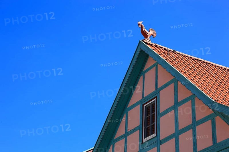 Ummerstadt in the district of Hildburghausen, red cock as ridge turret on a half-timbered house on the market square, Thuringia, Germany, Europe