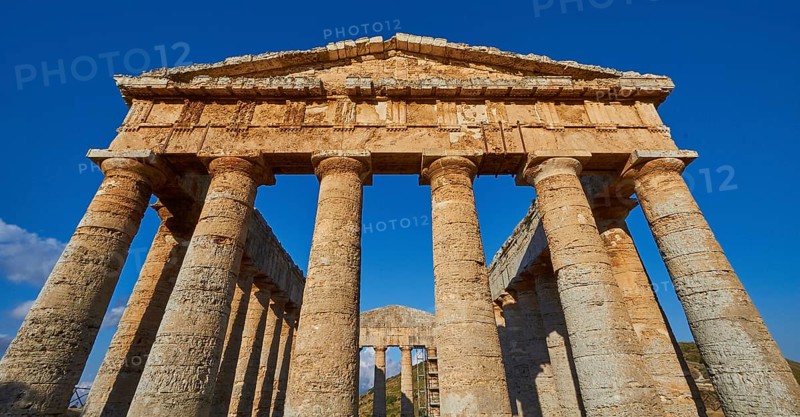 Evening light, Doric Temple, Segesta, super wide angle, oblique aerial view, front, pediment, Ancient Site, Archaeological Site, Doric, Trapani Province, Sicily, Italy, Europe