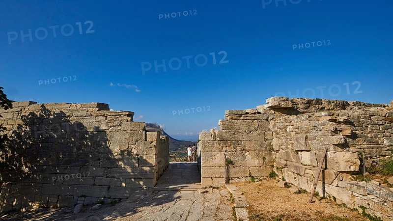 Evening light, Roman amphitheatre, Segesta, Ancient site, Archaeological site, Doric, Trapani province, Sicily, Italy, Europe