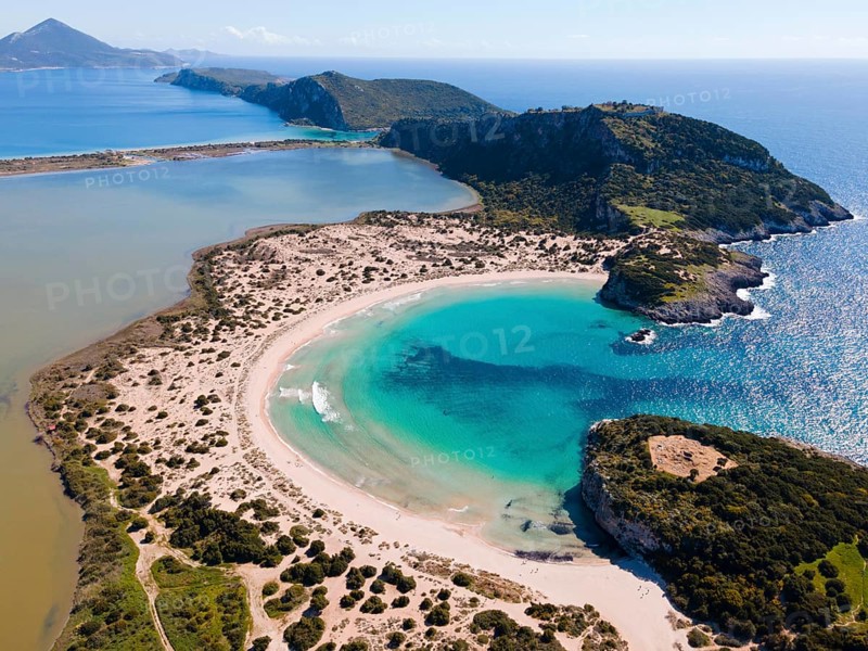 Drone shot, Voidokilia Bay, Voidokilia Bay, Ox Belly Bay, Pylos, Messinia, Peloponnese, Greece, Europe