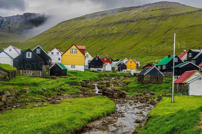 Colourful houses in the village of Gjogv, Estuyroy, Faroe islands, Denmark, Europe