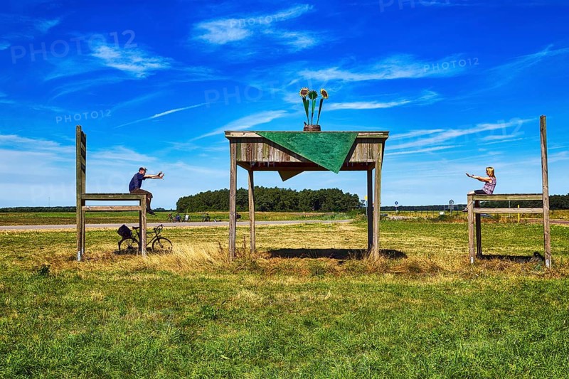 Oversized table with two chairs on a meadow, passers-by taking a break together, having fun, sunny weather, symbolic image of cycle tour, cycle path, destination, Fischland-Darß-Zingst, Baltic Sea Coast Cycle Path, Mecklenburg-Western Pomerania, Germany, Europe