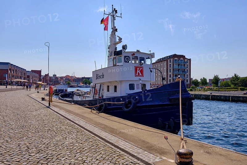 The tugboat BÖSCH lies on the quay in the Old Harbour, Hanseatic City of Wismar, Mecklenburg-Western Pomerania, Germany, Europe, August 8, 2020, Europe