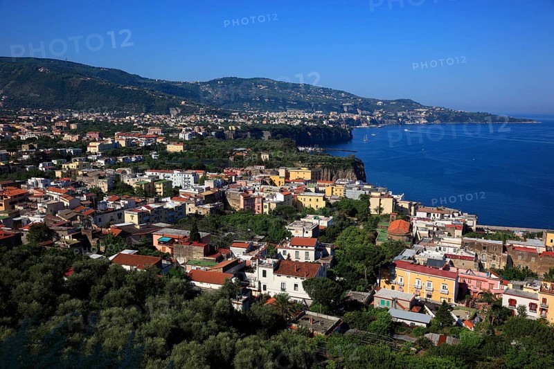 View over the bay of Penisola Sorrentina with the towns of Meta (front) and Sorrento, Campania, Italy, Europe