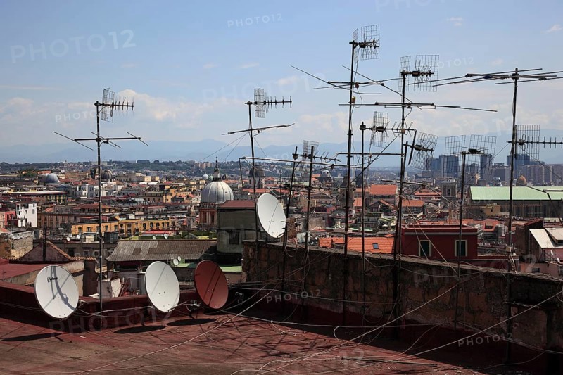 View of the antennas of the city of Naples, Campania, Italy, from the hill of Vomero, Europe
