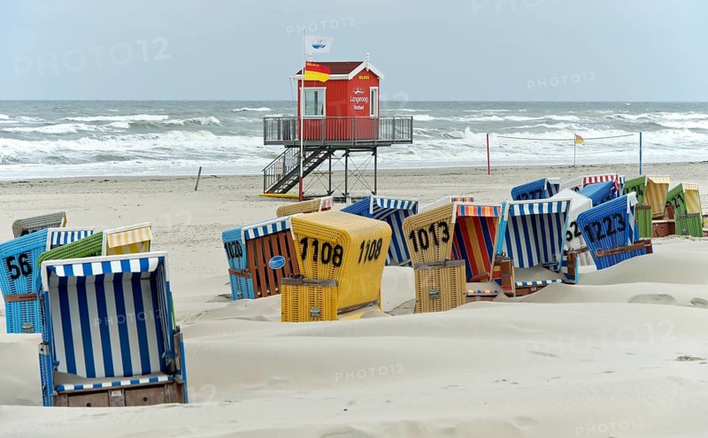 Empty beach chairs on a windy day on the beach of Langeoog, East Frisian Islands, Lower Saxony, Germany, Europe