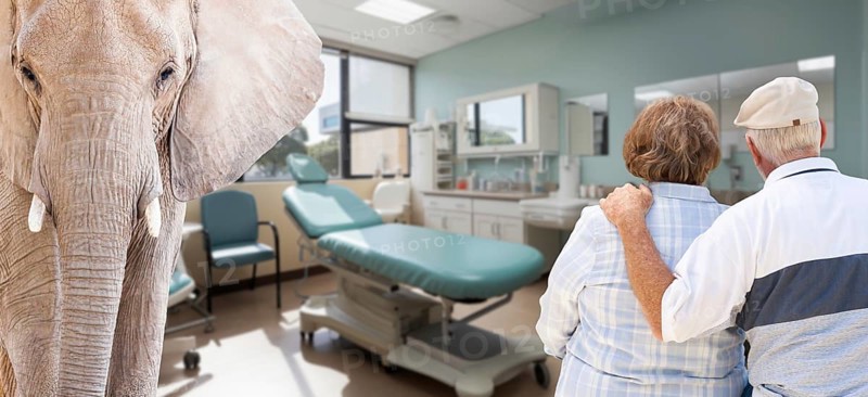 Senior couple from behind in a hospital with an elephant in the room