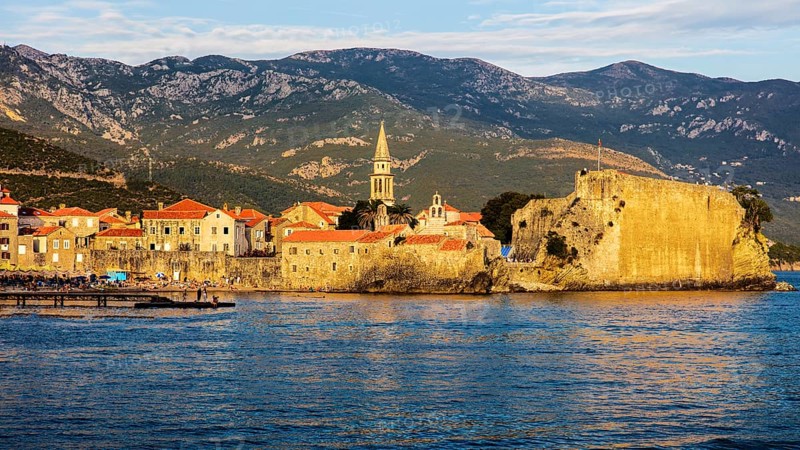 View of the old town and citadel of Budva in the evening light, Montenegro, Budva, Montenegro, Europe
