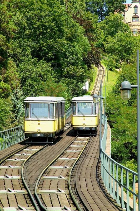 Funicular railway, built in 1895, connects Loschwitz with Oberloschwitz (Weißer Deer), one of the oldest mountain railways in Europe with 2 tunnels and a bridge, at the top station the famous Luisenhof restaurant, the balcony of Dresden