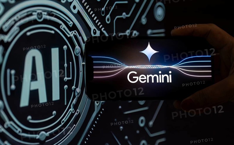 Guwahati, India. 8 December 2023. In this photo illustration a Gemini logo is displayed on a smartphone with Artificial Intelligence symbol in the background
