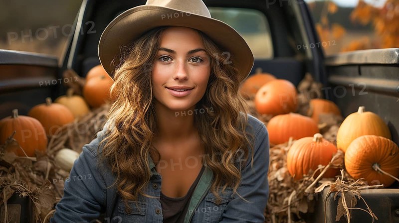 Young adult female farmer wearing cowboy hat sitting on the tailgate of her truck outdoors amongst her pumpkin patch harvest, generative AI