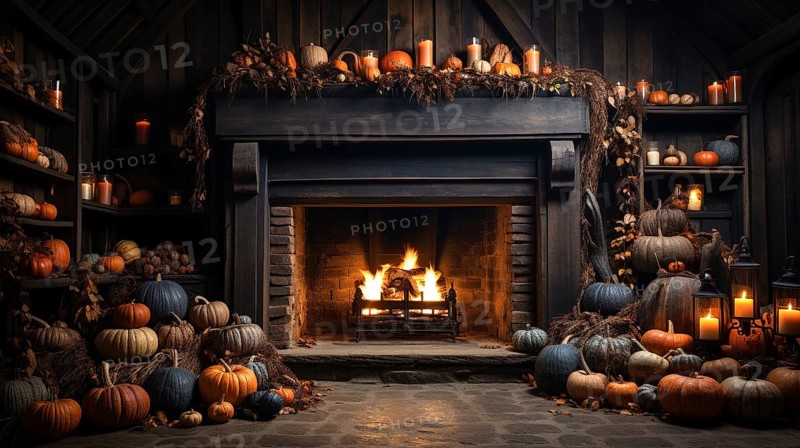 Fall and halloween decorated cozy fireplace interior setting, generative AI