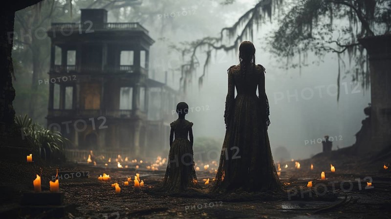 Eerie haunting ghostly silhouetted female and child figures walking in front of a foggy southern plantation antebellum mansion on halloween night, generative AI