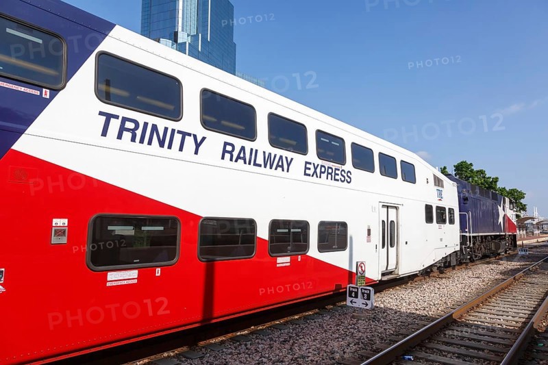 Trinity Railway Express TRE train regional train railway local transport at Union Station in Dallas, USA, North America