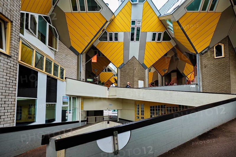 ROTTERDAM, NETHERLANDS, MAY 24, 2018: Cube houses, innovative cube-shaped houses designed by architect Piet Blom with main idea to optimize space, now became a tourist attraction