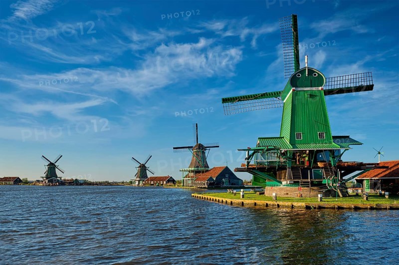 Netherlands rural lanscape Windmills at famous tourist site Zaanse Schans in Holland. Zaandam, Netherlands