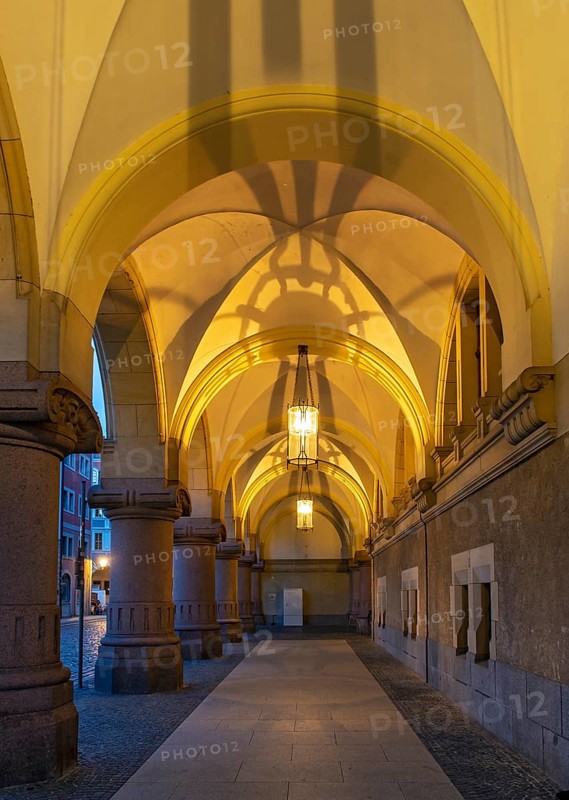 Arcades of New Town Hall building by night, Untermarkt, Görlitz, Goerlitz, Germany, Europe