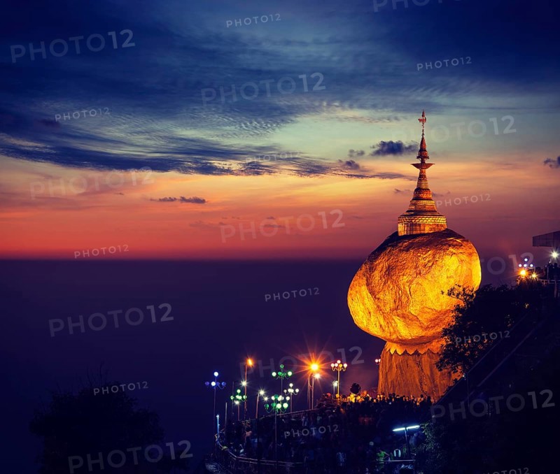 Vintage retro effect filtered hipster style image of Golden Rock, Kyaiktiyo Pagoda, famous Myanmar landmark, Buddhist pilgrimage site and tourist attraction, Myanmar, Asia