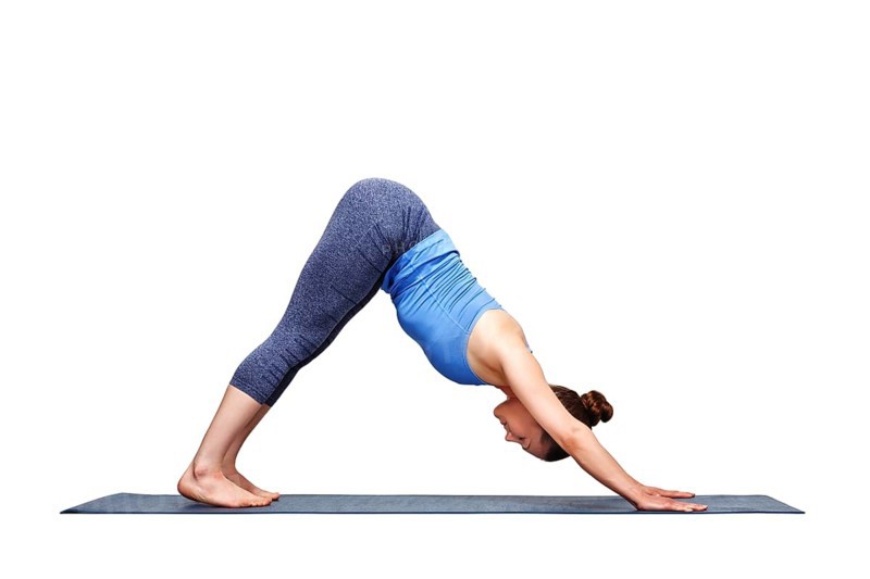 Beautiful sporty fit yogini woman practices yoga asana adhomukha svanasana, downward facing dog pose in studio isolated on white