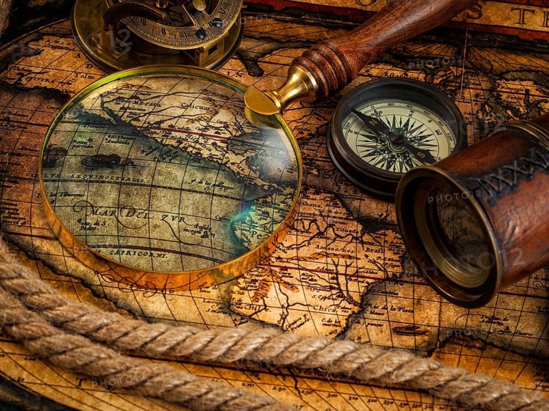 Travel geography navigation concept background, old vintage retro compass with sundial, spyglass and rope on ancient world map