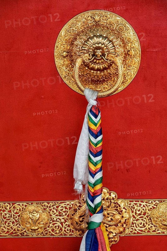 Lion shaped door handle in Buddhist temple. Kaza Monastery, Kaza, Spiti Valley, Himachal Pradesh, India, Asia