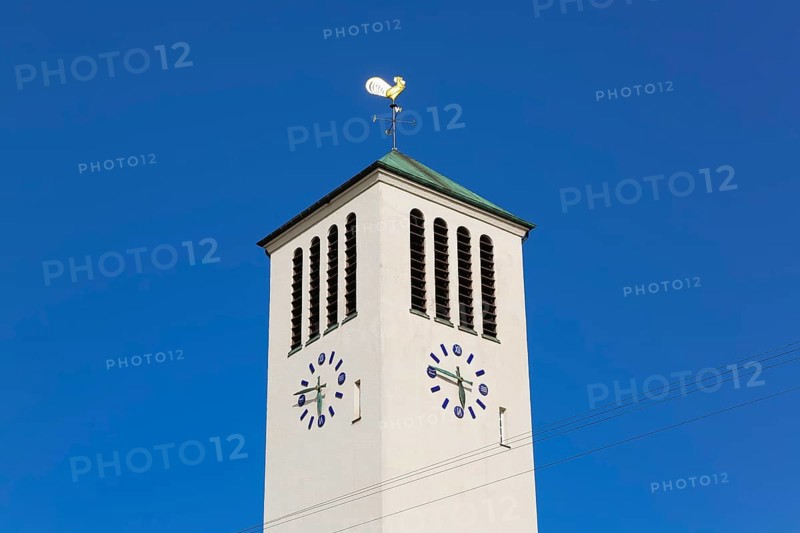 Protestant St. Andrew's Church, steeple, clock, weathercock, sacred building, architecture, Eningen unter Achalm, Baden-Württemberg, Germany, Europe