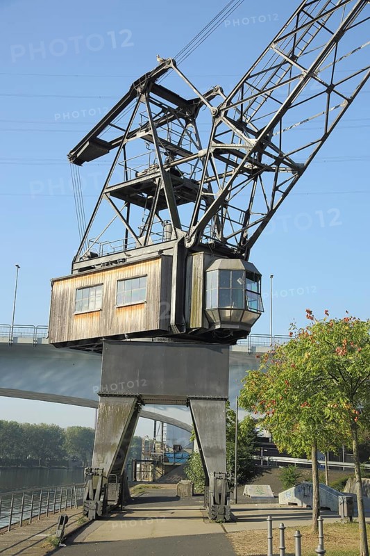 Old harbour crane, cargo crane, battery, Höchst, Frankfurt, Hesse, Germany, Europe