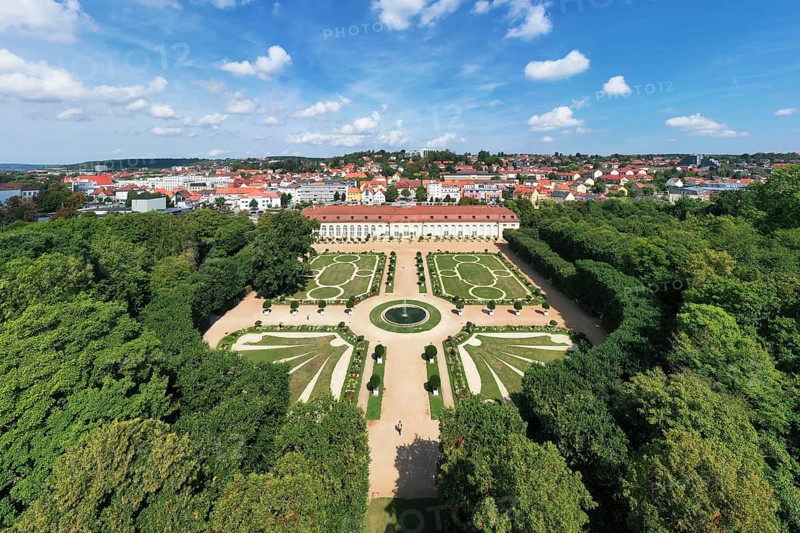 Aerial view, Margravial Court Garden Ansbach with orangery, built 1726-1744, Baroque, park, garden, palace garden, Ansbach, Middle Franconia, Franconia, Bavaria, Germany, Europe