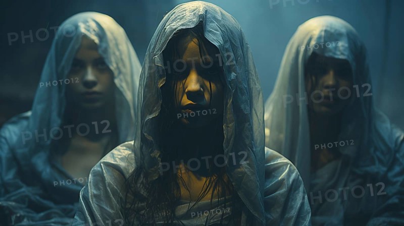 Three mysterious teenage girls wearing silk sheets over their heads, generative AI