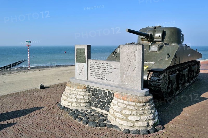 Sherman M4A4 tank on the dyke, dyke near Westkapelle, Zeeland, the Netherlands
