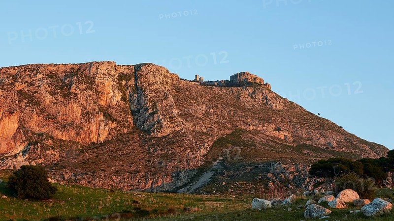 Morning light, Mons Erix, Castello di Venere, blue cloudless sky, tree, meadow, Erice, Trapani province, mountain, Sicily, Italy, Europe