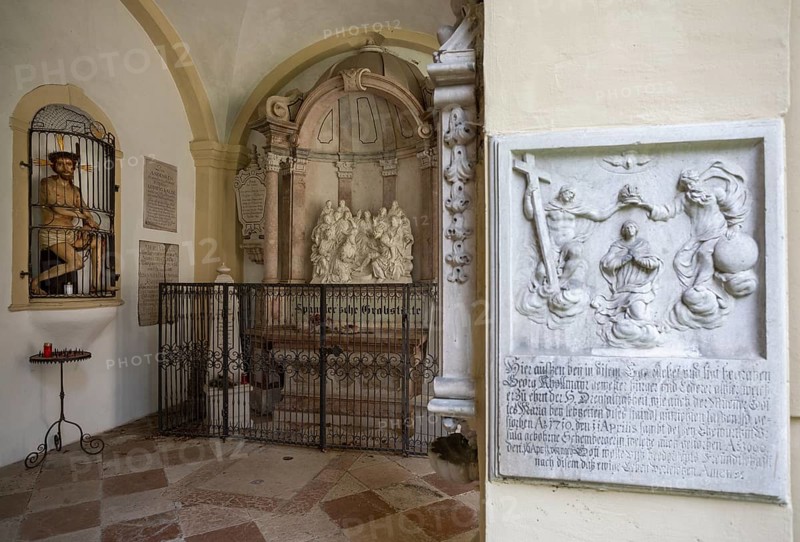 Crypt arcades, grave counters in the arcade of St. Sebastian's Cemetery, Church of St. Peter, Salzburg, Austria, Europe