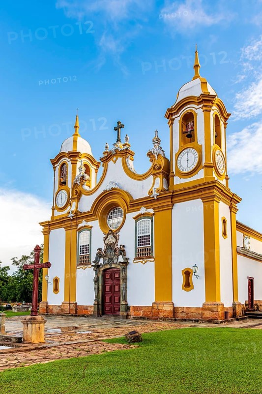 Facade of a historic baroque church in the city of Tiradentes in Minas Gerais, Brasil