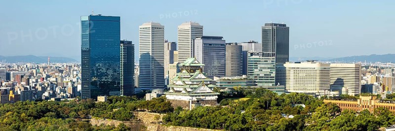 Osaka Castle Castle from above with the skyline skyscrapers panorama in Osaka, Japan, Asia