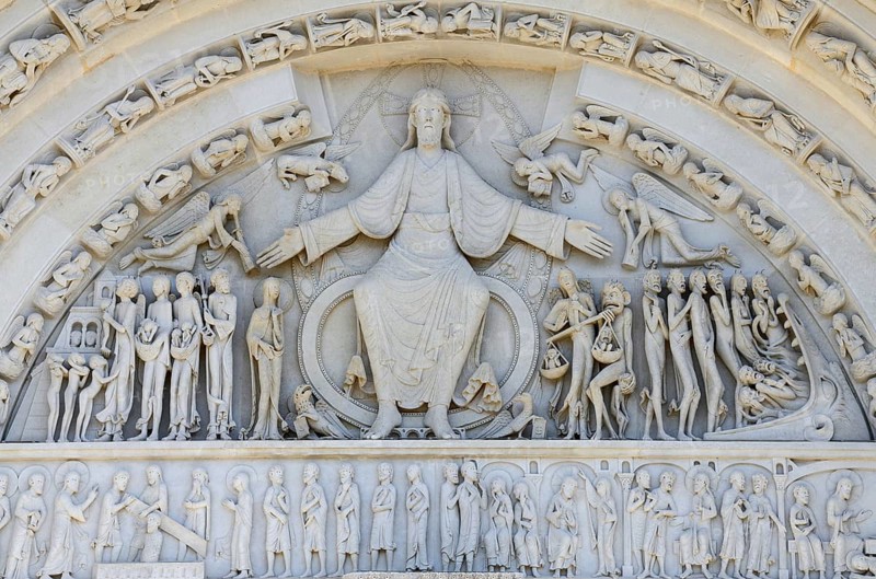 Tympanum of the early Gothic basilica of Sainte-Marie-Madeleine, Last Judgement, Vézelay, Yonne department, Bourgogne-Franche-Comté region, Burgundy, France, Europe